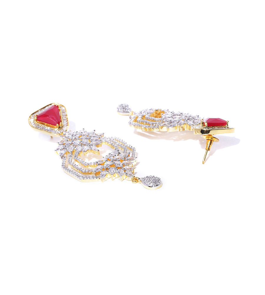 YouBella Red Gold-Plated Stone-Studded Cut-Out Drop Earrings